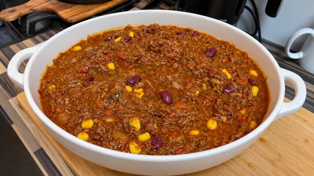 Chili Con Carne met runderribstuk uit de Crockpot Express.